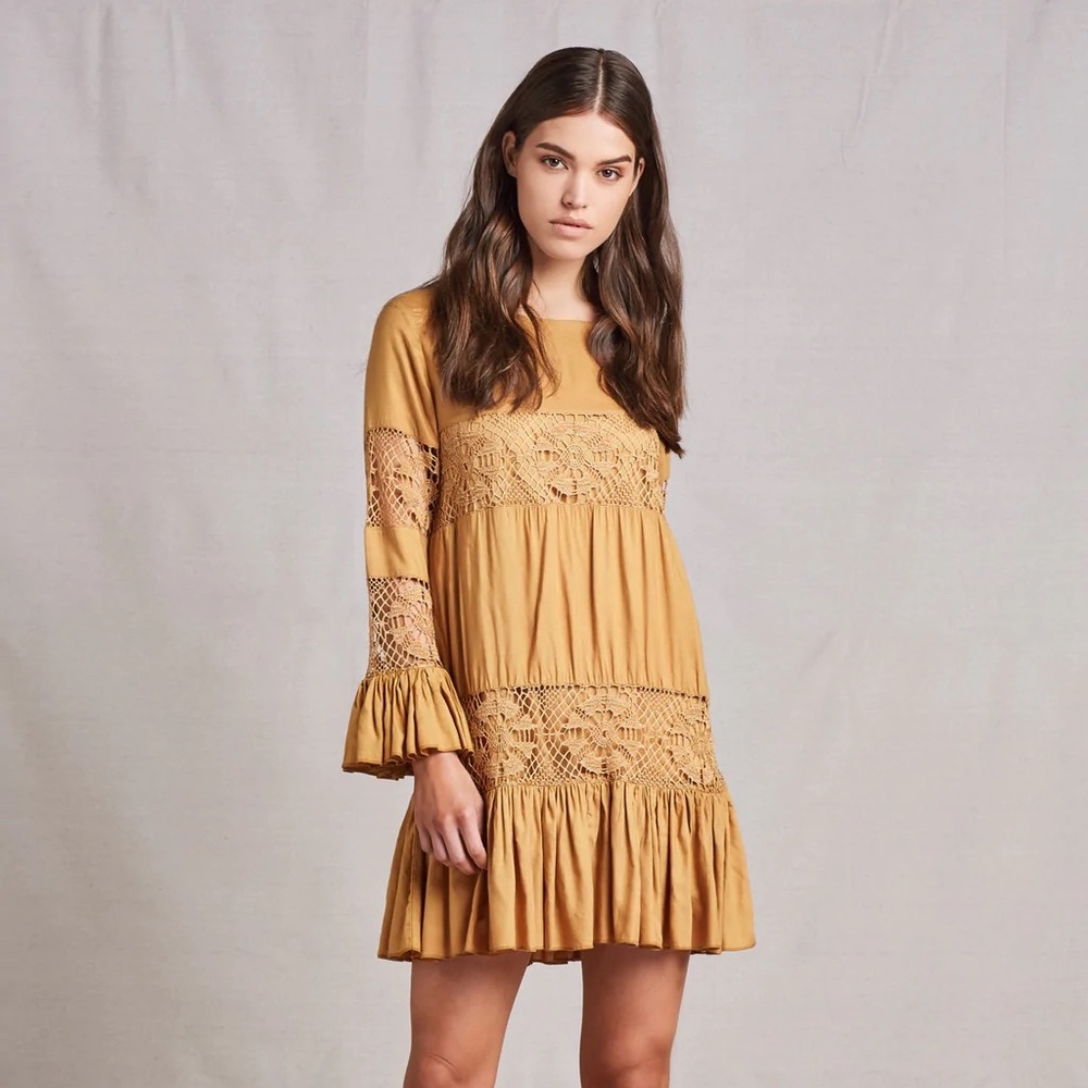 Revolve x Tularosa Boho Lace Ruffle Tiered Berkley Saffron Mini Dress